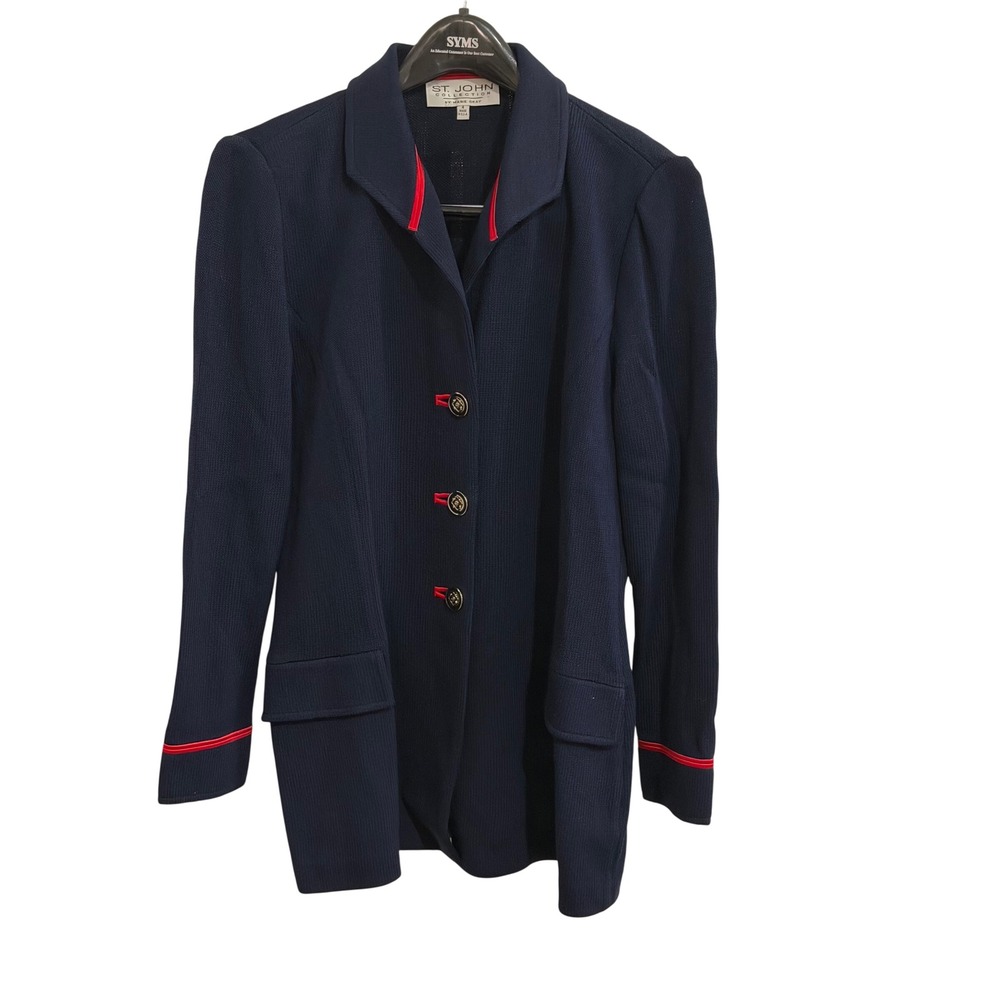 St John Collection Knit Blazer Womens 4 Navy Blue Nautical Red Trim